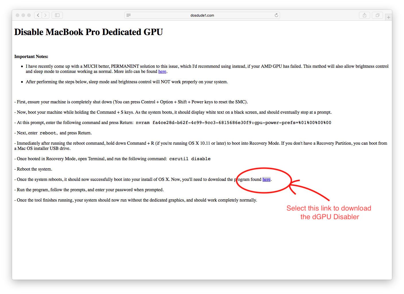 dosdude1 page showing the here link circled