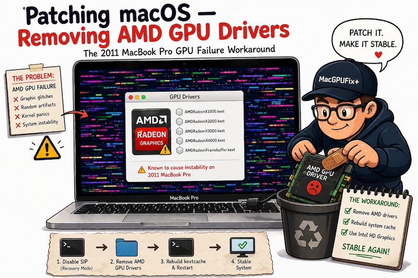 Patching macOS — Removing AMD GPU Drivers from 2011 MacBook Pro — remove AMD kexts for stable boot