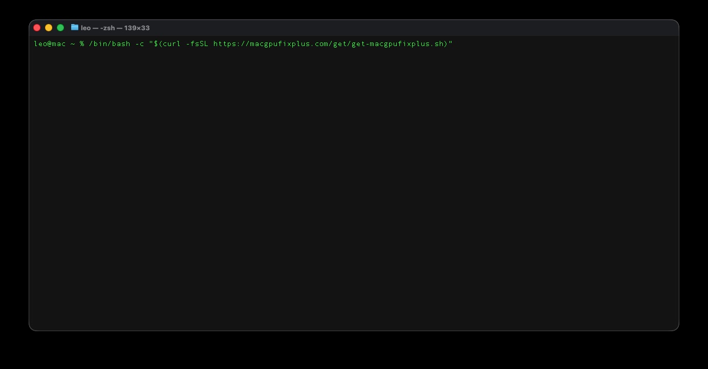 macOS Terminal showing the MacGPUFix+ one-liner pasted and ready to run