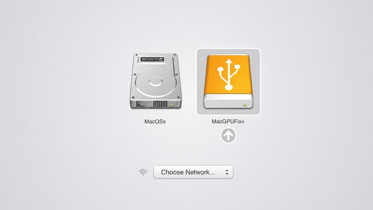 MacBook Pro 2011 boot picker showing MacGPUFix+ USB selected — what you would see with a working screen