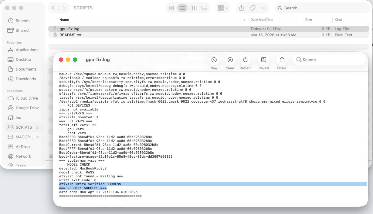 Finder showing SCRIPTS partition with gpu-fix.log open — SUCCESS result confirming EFI variable written